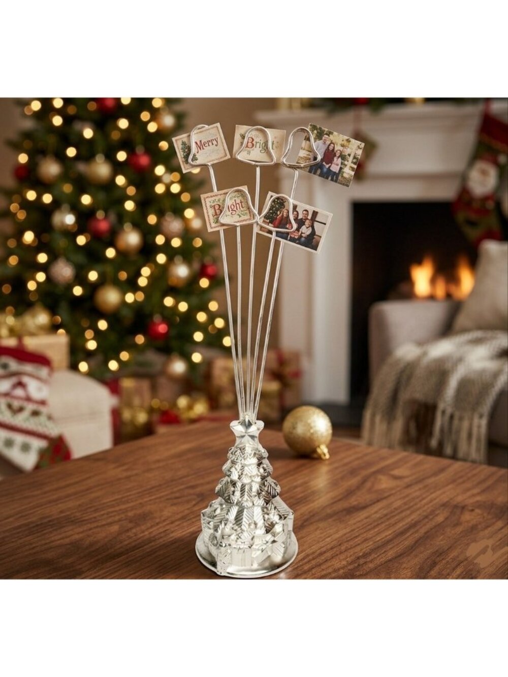 Silver Metal Christmas Tree Picture Holder Tabletop Stand 5 Bells Pic Holder New